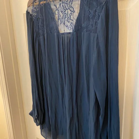 New Look Inspire Long Sleeve Lace Button Up Blouse W/ Pussybow - Blue - US 14 - Picture 4 of 5